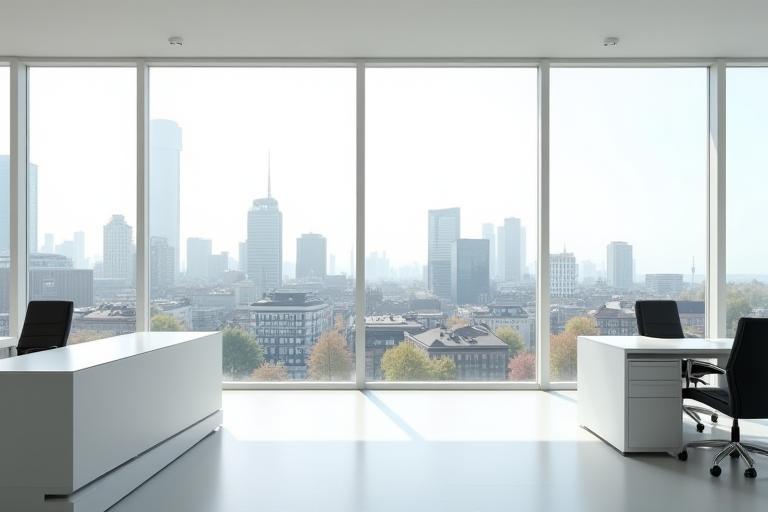 Modern office interior view in Zurich with city visible through windows